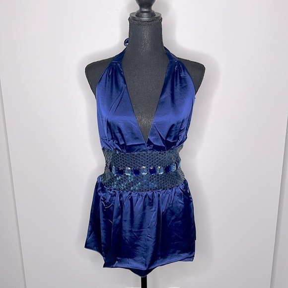 Chaudry KC for RAGA Sequin & Jeweled Satin Peplum Top in Navy Size Large NWT! - Picture 2 of 7